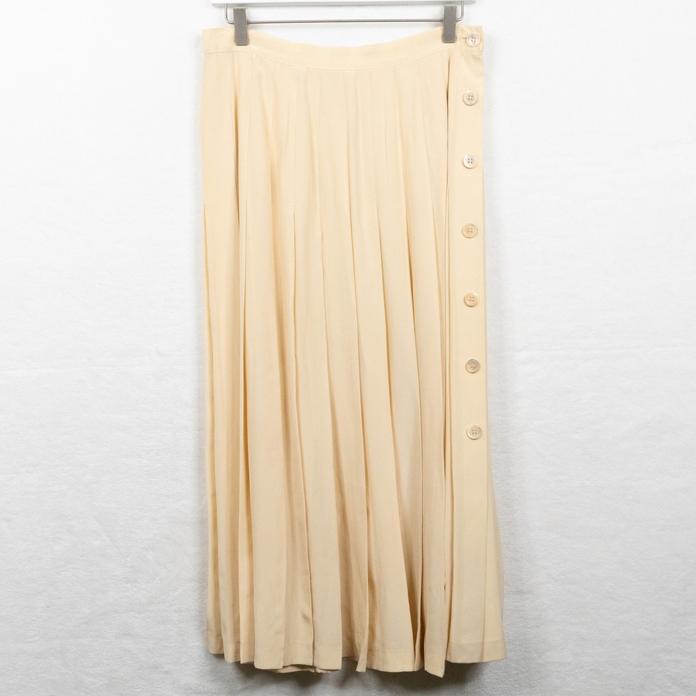 ANNE KLEIN II Vtg 90s 100% Silk Pleated Maxi Skirt Heritage Cream Sz 12
